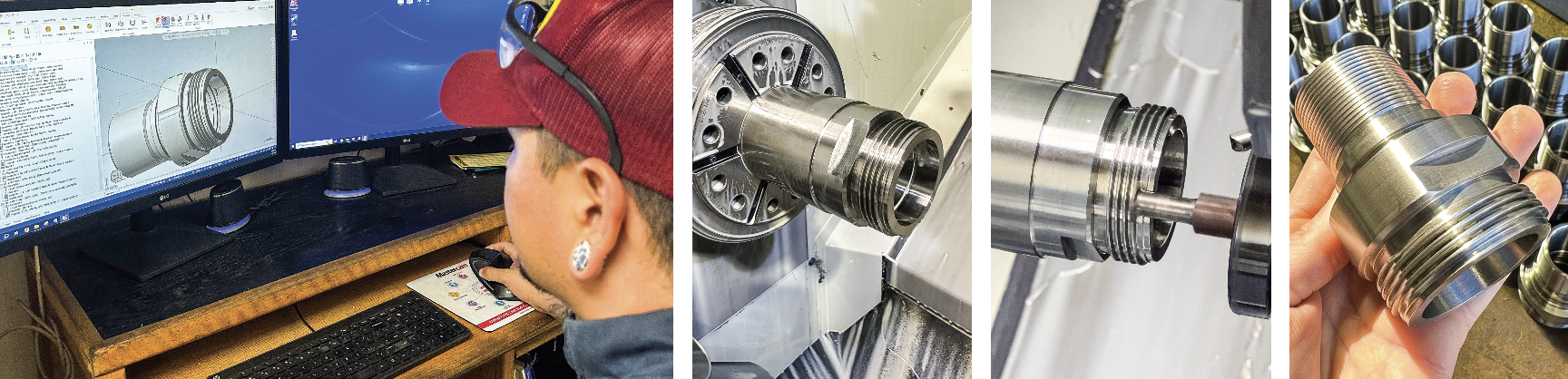 Nestor Becerra, Algeb lead lathe machinist/programmer, uses Mastercam CAD/CAM software to program a turned part for a deep-water application.Each stainless steel or titanium part required an acme thread on the front face.